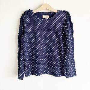 Peek Girls L Large 10 Top Long Sleeve Navy Blue White Polka Dot Ruffle